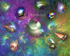 Fractal image:against a multicolored background, multiple sailing ships, rocketships, orbs and flying saucers float near each other. One is piloted by a white rat.