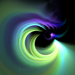 Fractal image: gentle waves of light yellow and purple circle around an insect-like object floating against a black background.