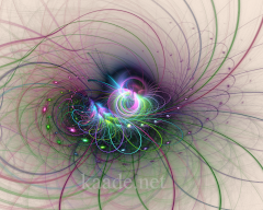 Fractal Image: On a white background curves like the movement of subatomic particles in green and purple form a pattern around a nucleus