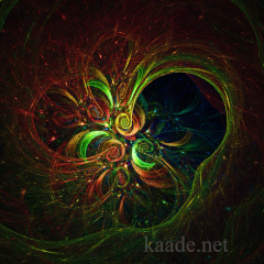 Fractal Image: green and red vines curl around each other in a dark space to form a ventricled heart-like shape.