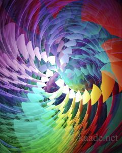 Fractal Image: Shapes like kites or sails, grouped together in all the colors of the spectrum, swirl around the cente.