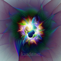 Fractal Image: a flower against a light background, the center is variegated, the outer petals stripes of green and blue, and the outer edges a wispy purple.