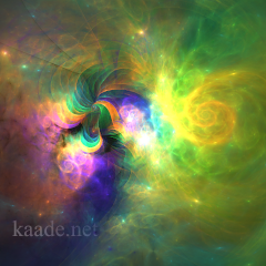Fractal Image: To the right, a yellow, sun-like spiral, to the lefta magenta and violet melds into a dark shape suggesting a horses head and wings. Stars peak out at the darker edges of the image.
