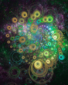 Fractal Image: Against a starry background, a spiral of green circles, evocative of tentacles and eyes, spiral toward the viewer.
